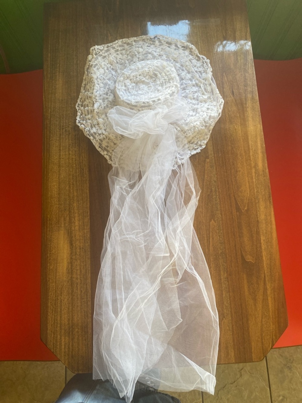 Lace Wide-Brim Hat with Long Sheer Veil - White Bridal Hat